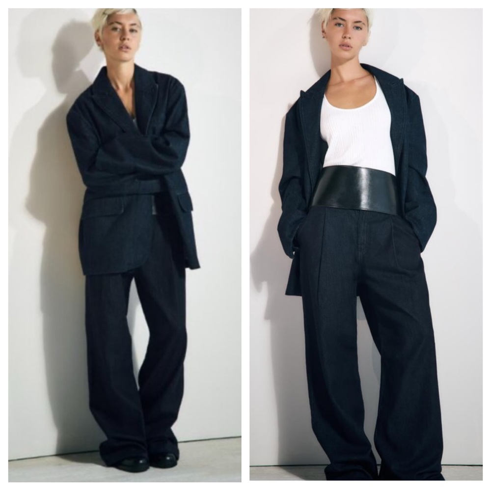 ZARA DENIM PANTS WITH DARTS and OVERSIZED DENIM BLAZER DARK INDIGO
